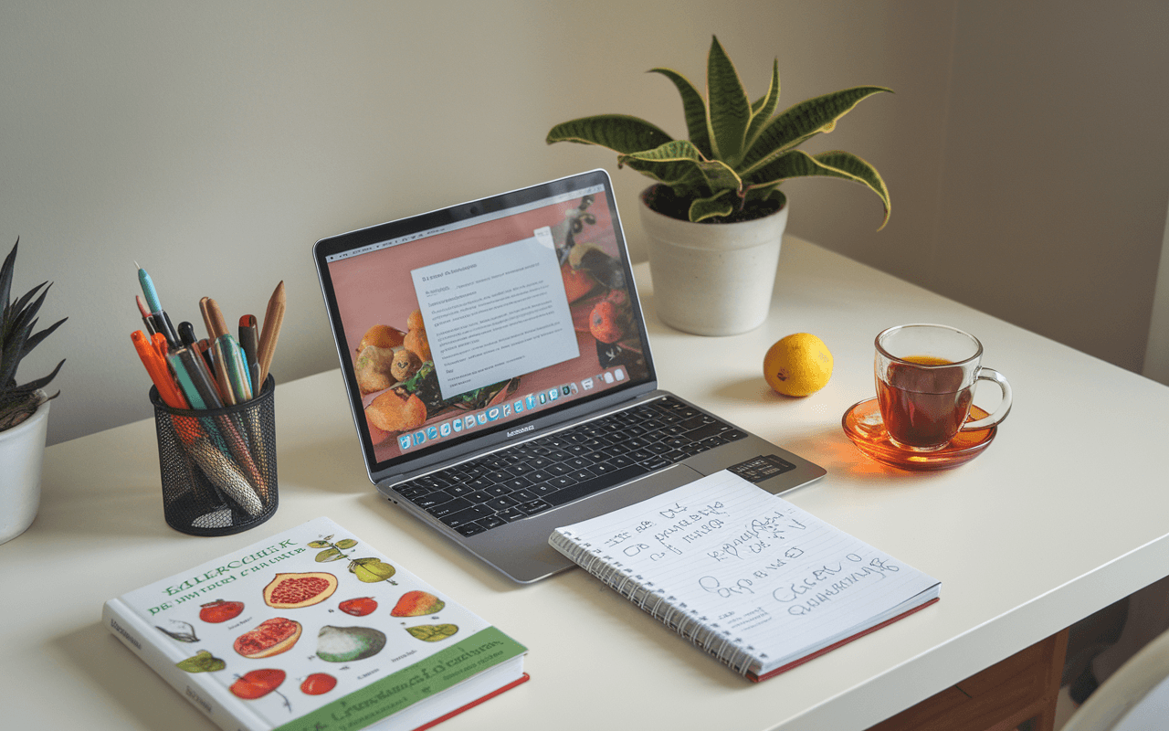 Bureau moderne et lumineux, ordinateur portable ouvert sur une plateforme pour créer un blog, entouré de carnets de notes avec scribbles et dessins de plantes, thé fumant à côté d'un livre sur les allergies, plante verte en arrière-plan.