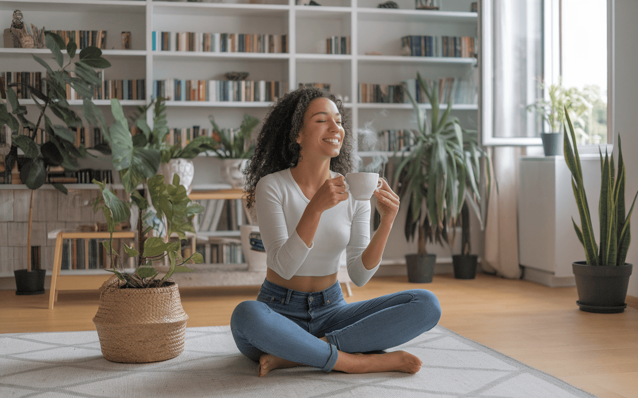 Jeune femme buvant du thé dans un salon moderne, idéale pour créer un blog sur le bien-être.