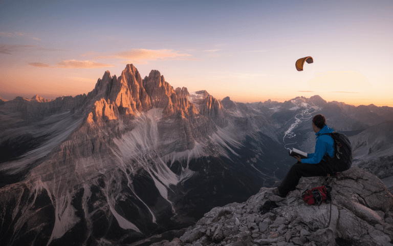 Vue panoramique de montagnes au coucher de soleil avec un blogueur aventureux créant un blog, carnet ouvert et appareil photo à ses côtés, parapente coloré en arrière-plan.