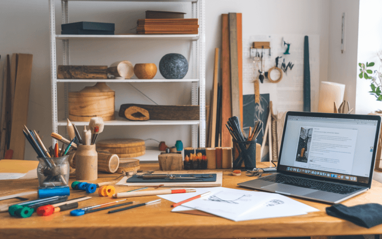 Espace de travail artisanal avec outils créatifs et ordinateur portable affichant la rédaction d'un blog, symbolisant comment créer un blog sur la fabrication artisanale.