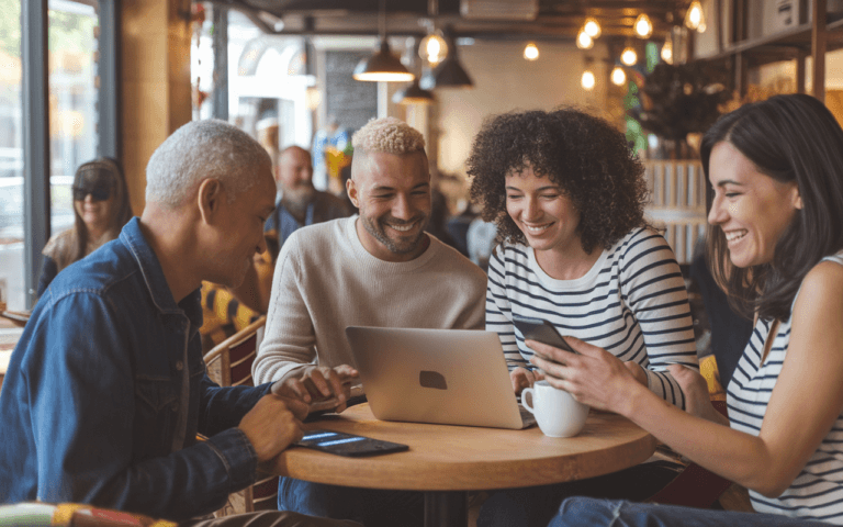 Groupe de personnes diversifié utilisant ordinateurs portables et smartphones pour créer un blog dans un café moderne, symbolisant la convivialité et les échanges numériques.