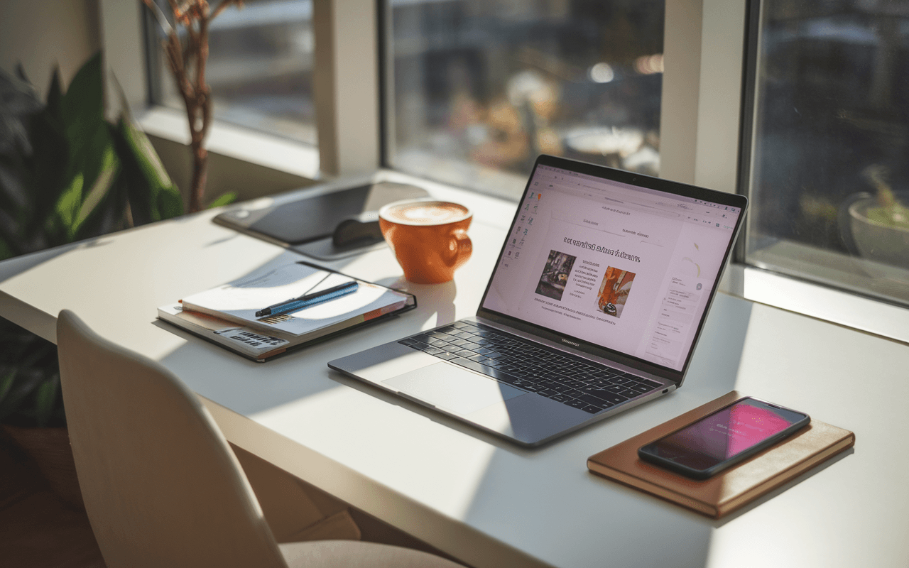 Bureau moderne avec ordinateur portable affichant une page en cours pour créer un blog, entouré de carnets, smartphone et tasse de café, illuminé par une grande fenêtre pour une ambiance créative.
