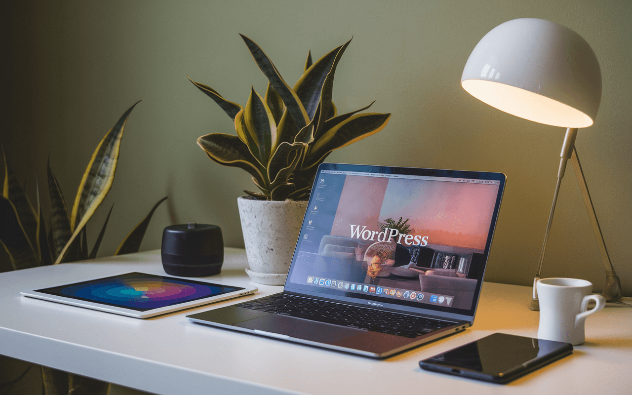 Espace de travail moderne en 2025 avec un ordinateur portable ouvert sur WordPress, parfait pour lancer votre blog à créer, entouré d'outils technologiques et d'une esthétique soignée.
