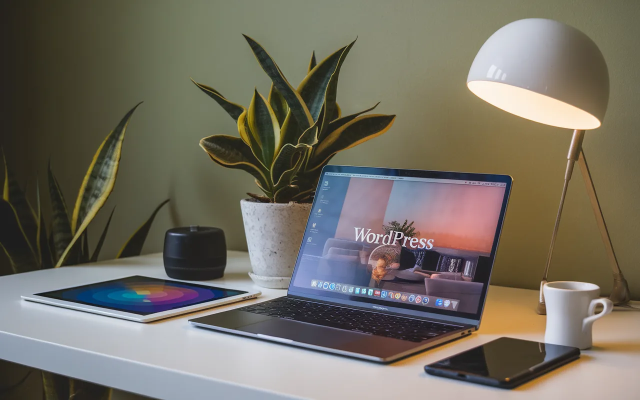 Espace de travail moderne en 2025 avec un ordinateur portable ouvert sur WordPress, parfait pour lancer votre blog à créer, entouré d'outils technologiques et d'une esthétique soignée.