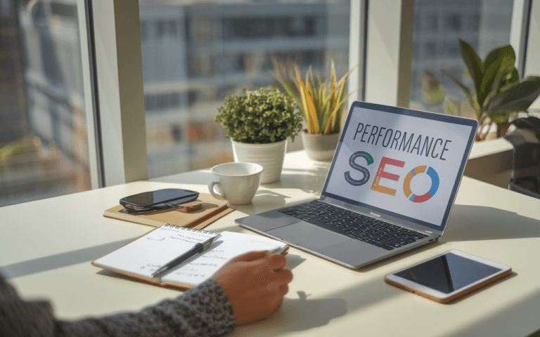 Bureau moderne avec ordinateur portable affichant des graphes de performance SEO, carnet de notes pour la rédaction articles SEO, et ambiance lumineuse inspire la créativité et l'optimisation de la visibilité en ligne.