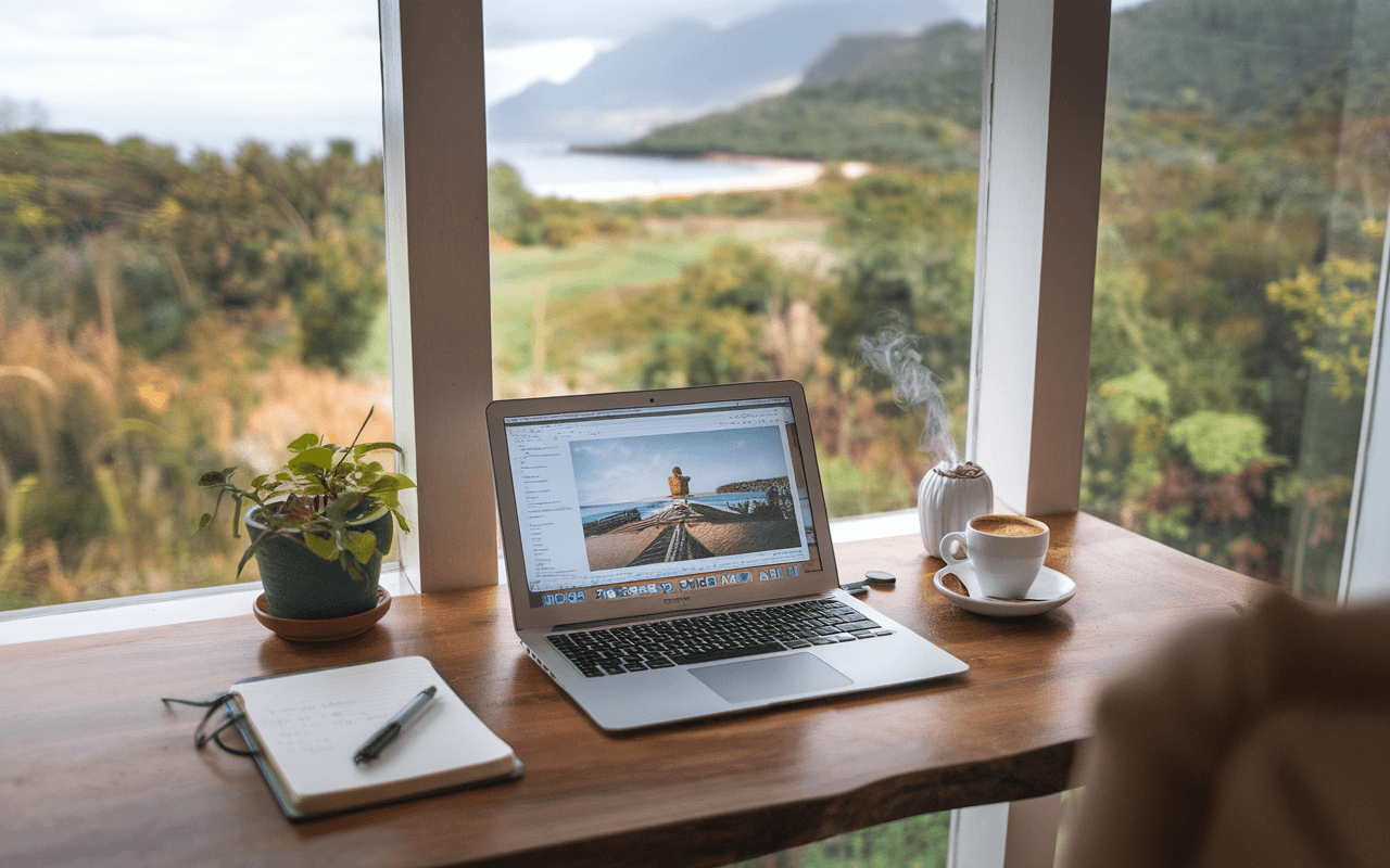 Créer un blog : espace créatif sur une table en bois avec ordinateur ouvert sur blog de voyage, carnet de notes, appareil photo et café, vue nature inspirante.