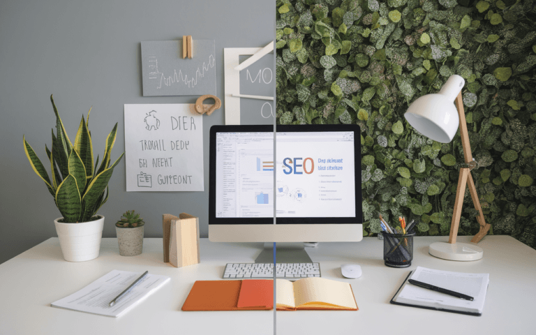 Bureau moderne avec zones de travail : espace épuré avec ordinateur sur interface SEO et table traditionnelle avec dictionnaire, symbolisant la dualité du rédacteur seo.