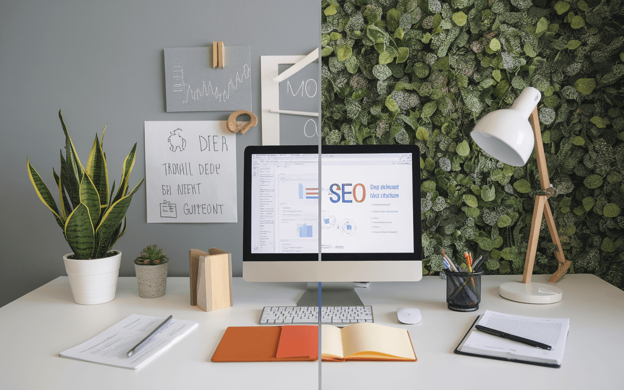 Bureau moderne avec zones de travail : espace épuré avec ordinateur sur interface SEO et table traditionnelle avec dictionnaire, symbolisant la dualité du rédacteur seo.