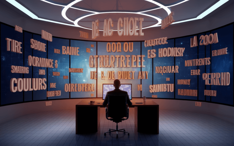 Silhouette d'une personne devant des écrans affichant des titres accrocheurs multicolores et graphiques dans une salle futuriste de 2025.