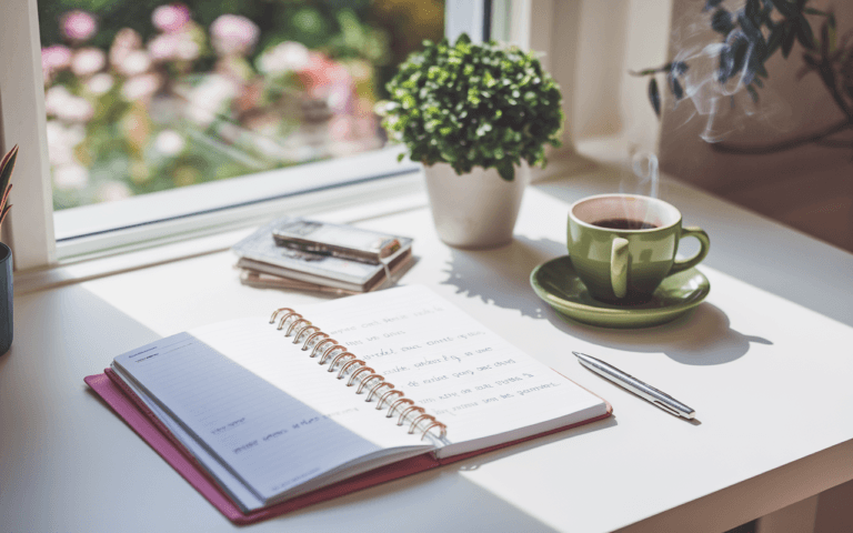 Bureau à domicile lumineux avec cahier et stylo plume pour créer un blog poétique.