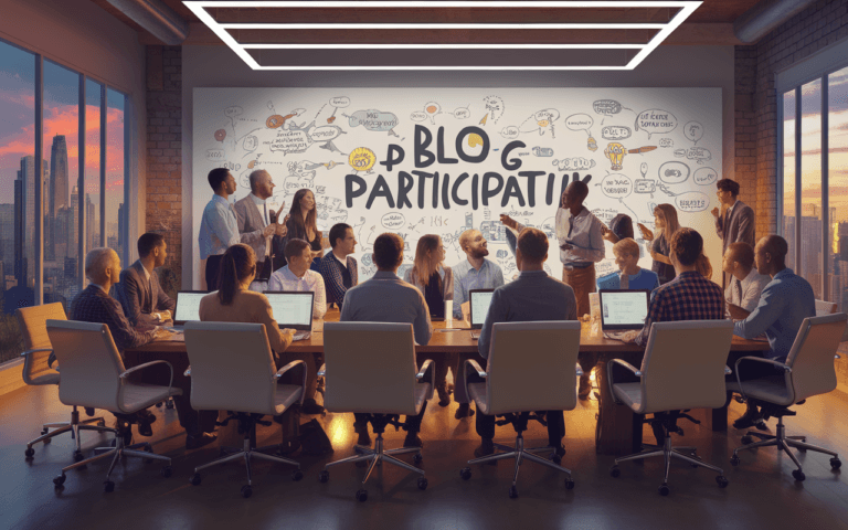 Personnes diverses discutant de stratégies pour créer un blog collaboratif autour d'une table de réunion, avec ordinateurs portables et tableau blanc rempli d'idées.