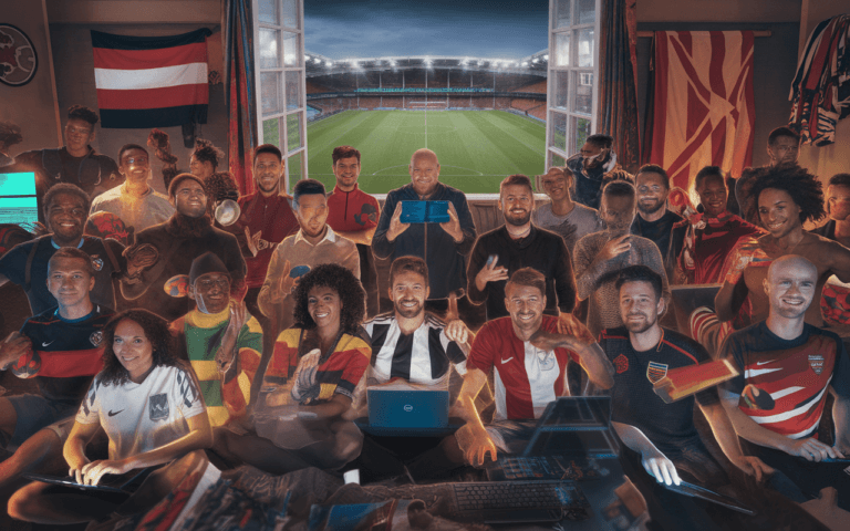Des supporters créant un blog sur le football dans un salon vibrant, mettant en avant la diversité et l'enthousiasme, avec un stade visible à l'arrière-plan.