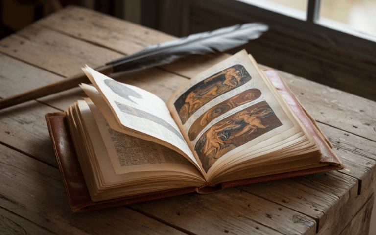 Livre ancien en cuir ouvert sur table rustique, pages manuscrites illustrées de mythes et créatures légendaires, illustrant l'art de créer un blog pour transmettre le patrimoine.