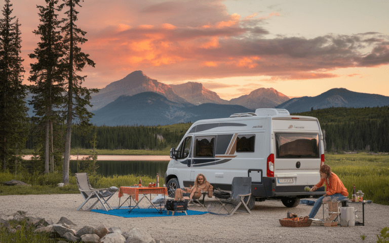 Scène de camping-car moderne près d'un lac au coucher du soleil, idéal pour créer un blog sur la vie nomade et l'aventure en pleine nature.