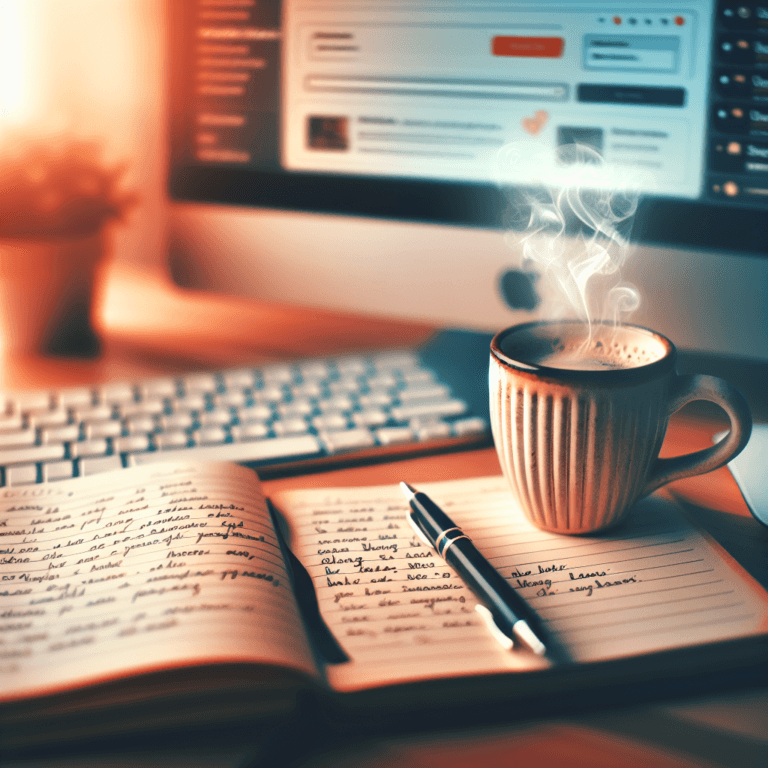 Clavier et carnet avec annotations pour créer un blog, ambiance créative et productive avec café fumant, interface de création de blog en fond.