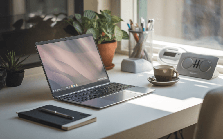 Photo d'un espace de travail moderne et minimaliste avec un ordinateur portable élégant ouvert sur un écran vierge, symbolisant le début d'une aventure pour créer un blog. Le bureau est sans désordre, agrémenté d'une petite plante, d'une tasse de café et d'un carnet accompagné d'un stylo. La lumière naturelle douce d'une fenêtre voisine illumine l'espace, projetant des ombres délicates. L'atmosphère calme et accueillante suggère productivité et créativité, avec des gadgets technologiques en arrière-plan évoquant les outils de blogging avancés de 2025.