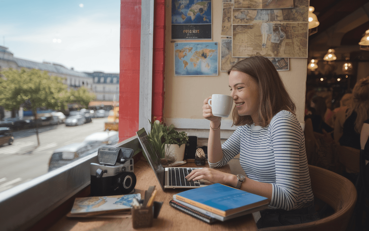 Jeune blogueuse créant son blog à créer dans un café rustique, entourée de carnets de voyage et d'un appareil photo vintage, vue urbaine dynamique par la fenêtre.