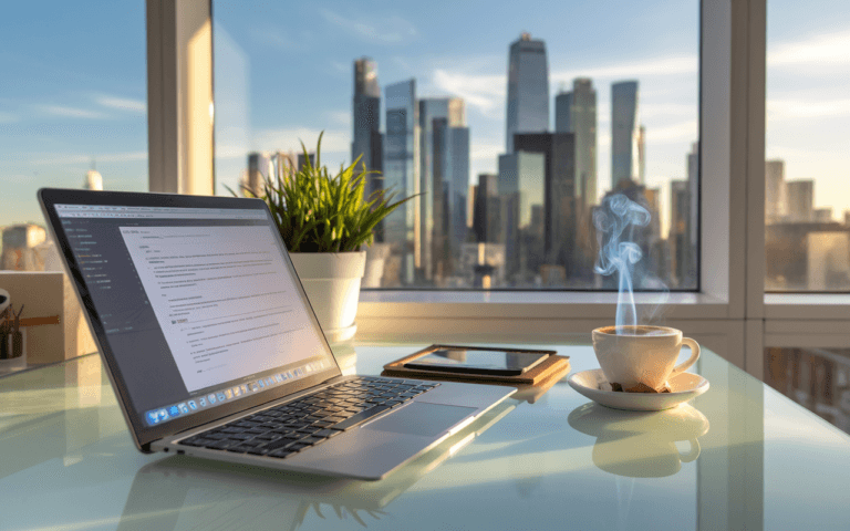 Bureau moderne avec ordinateur portable pour rédacteur web et tasse de café, vue urbaine depuis la fenêtre.