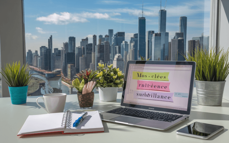 Bureau moderne pour rédaction articles SEO avec ordinateur affichant du texte coloré, carnet annoté, tasses de café et skyline urbaine futuriste.