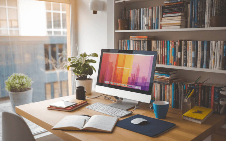Bureau moderne avec ordinateur portable affichant la création d'un blog, tasse de café et carnet de notes pour débutants, ambiance de productivité et créativité.