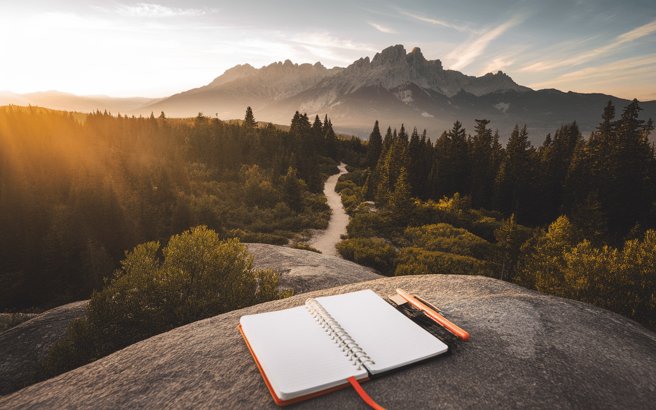 Aventure inspirante en randonnée à travers une forêt vers des montagnes, symbolisant l'idée de créer un blog pour documenter ses voyages.