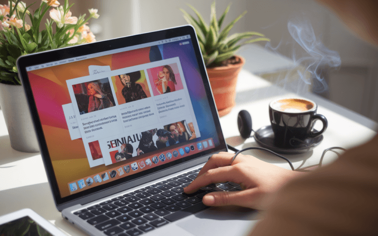 Illustration d'un ordinateur portable affichant une page de blog dynamique sur la culture pop, idéal pour ceux qui veulent créer un blog, avec articles sur séries TV, musique et icônes de mode, une tasse de café et écouteurs en arrière-plan créant une ambiance relaxante.