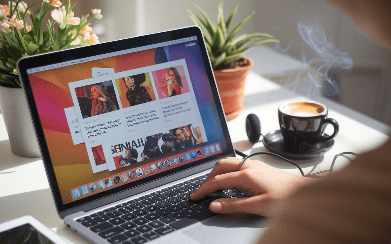 Illustration d'un ordinateur portable affichant une page de blog dynamique sur la culture pop, idéal pour ceux qui veulent créer un blog, avec articles sur séries TV, musique et icônes de mode, une tasse de café et écouteurs en arrière-plan créant une ambiance relaxante.