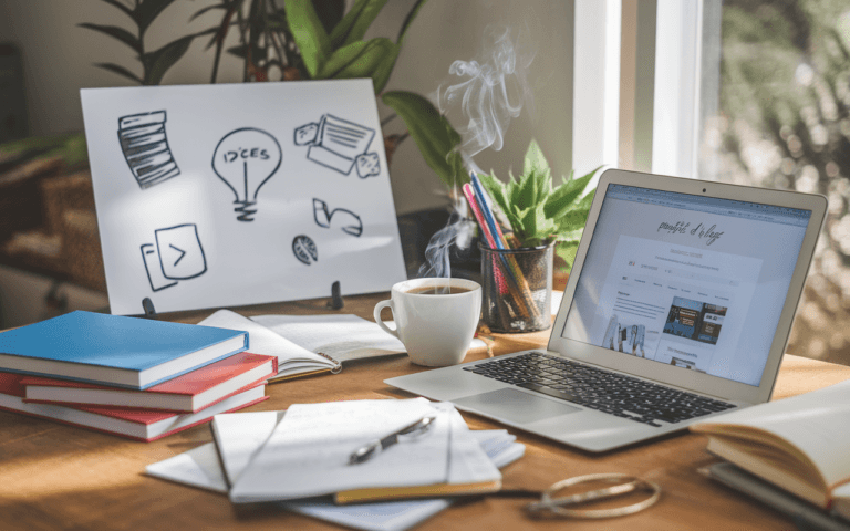 Bureau d'étudiant organisé avec un ordinateur portable affichant un site pour créer un blog, entouré de livres, notes, tasse de café, et tableau blanc griffonné en arrière-plan.