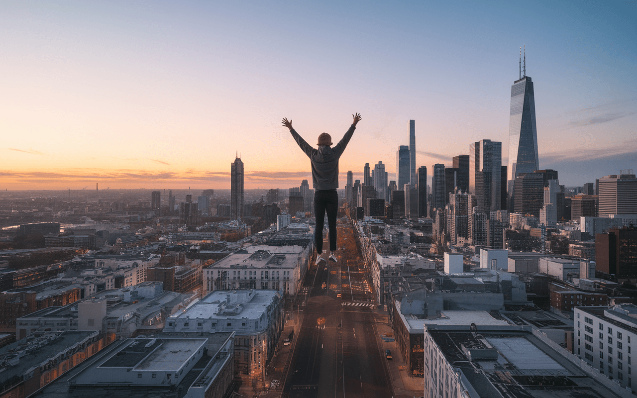 Personne au sommet d'un gratte-ciel contemplant une ville animée au coucher de soleil, idéale pour créer un blog sur la vie urbaine dynamique.