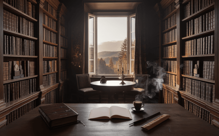 Bibliothèque ancienne idéale pour créer un blog, avec carnet, plume, et café sur table en bois massif, sous une douce lumière dorée.