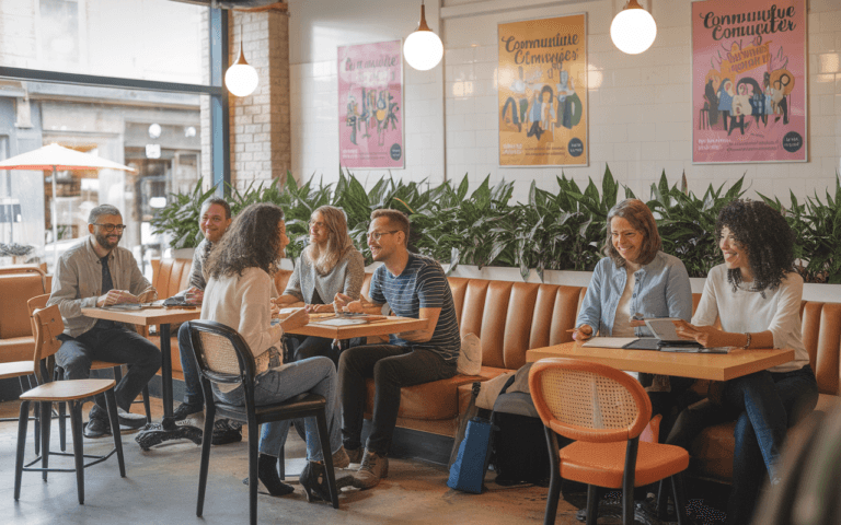 Rencontre dans un café : des personnes discutent et échangent des idées pour créer un blog communautaire, entourées de plantes et d'affiches d'événements.
