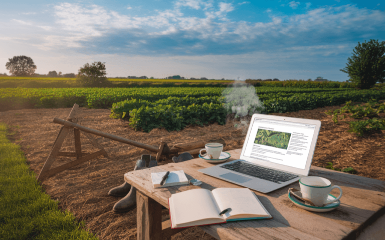 Créer un blog sur l'agriculture durable en pleine harmonie avec la nature, illustré par un ordinateur portable, tasse de thé et carnet sur fond de ferme ensoleillée.