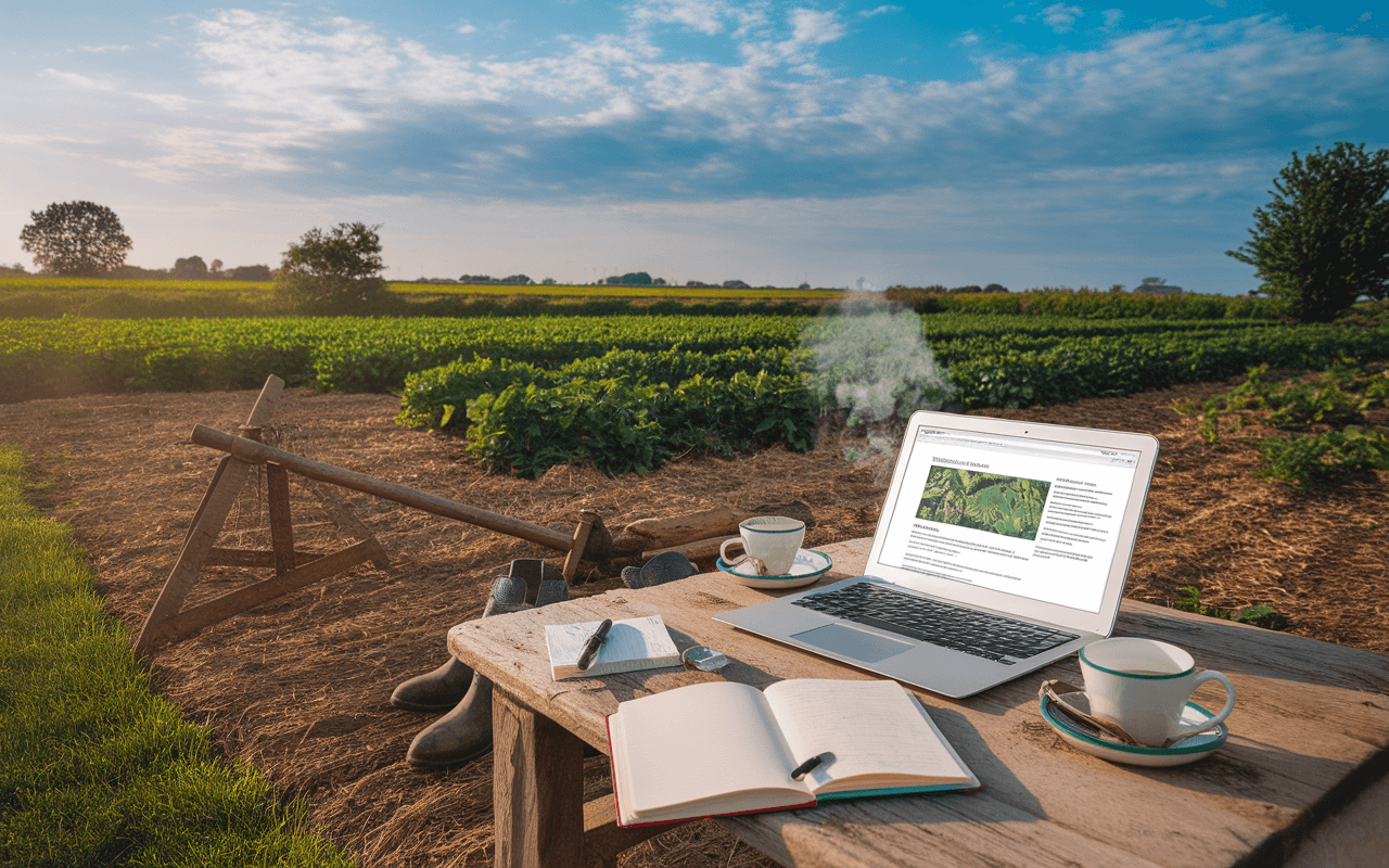 Créer un blog sur l'agriculture durable en pleine harmonie avec la nature, illustré par un ordinateur portable, tasse de thé et carnet sur fond de ferme ensoleillée.