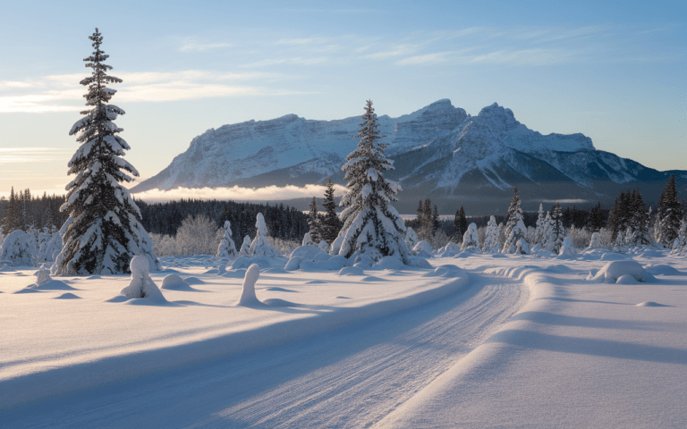 Forêt enneigée nordique avec chemin sinueux, idéale pour s'inspirer à créer un blog d'hiver.