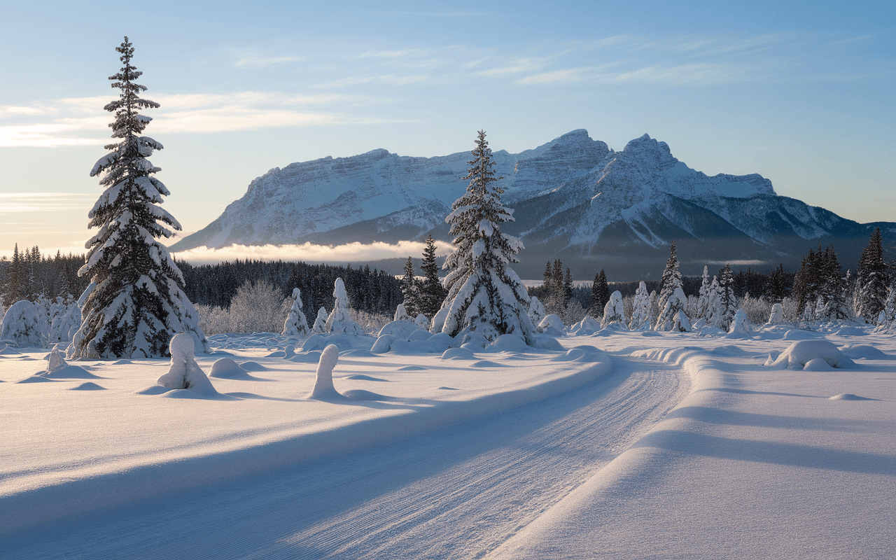 Forêt enneigée nordique avec chemin sinueux, idéale pour s'inspirer à créer un blog d'hiver.