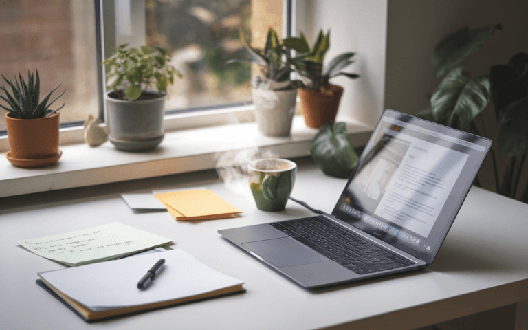Espace de travail moderne avec ordinateur portable affichant un blog à créer, notes manuscrites, tasse de café, et plante verte illuminée par une douce lumière.