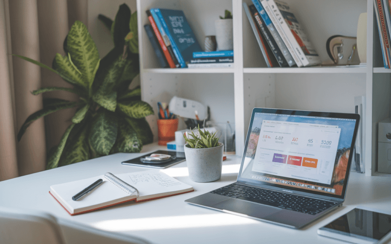 Bureau moderne avec ordinateur portable affichant des statistiques web, carnet de notes, et livres sur le SEO; idéal pour un rédacteur SEO.