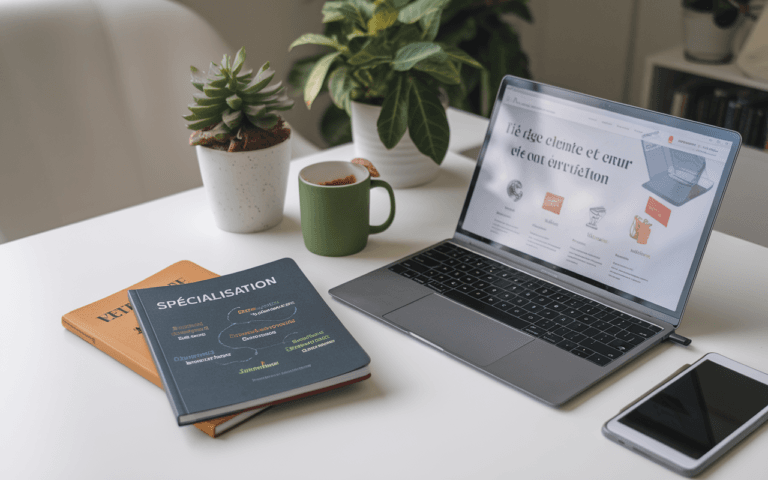 Bureau moderne et épuré d'un rédacteur web avec ordinateur portable affichant une page web en création, entouré de carnets de spécialisation et généraliste, plante verte et mug de café, ambiance futuriste.