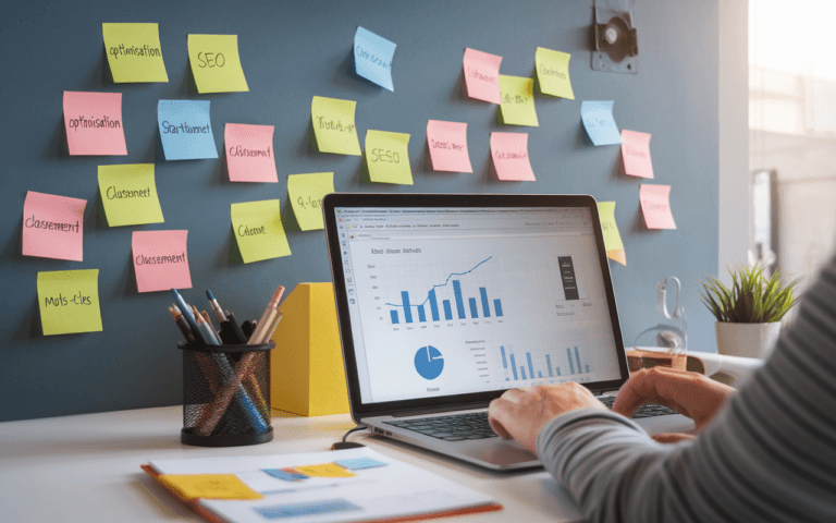 Personne concentrée travaillant sur un ordinateur portable avec des graphiques SEO dans un bureau moderne, entourée de post-it indiquant