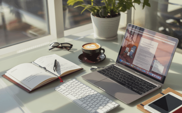 Clavier moderne et carnet pour créer un blog, avec un ordinateur portable affichant une interface de blog, évoquant professionnalisme et inspiration.