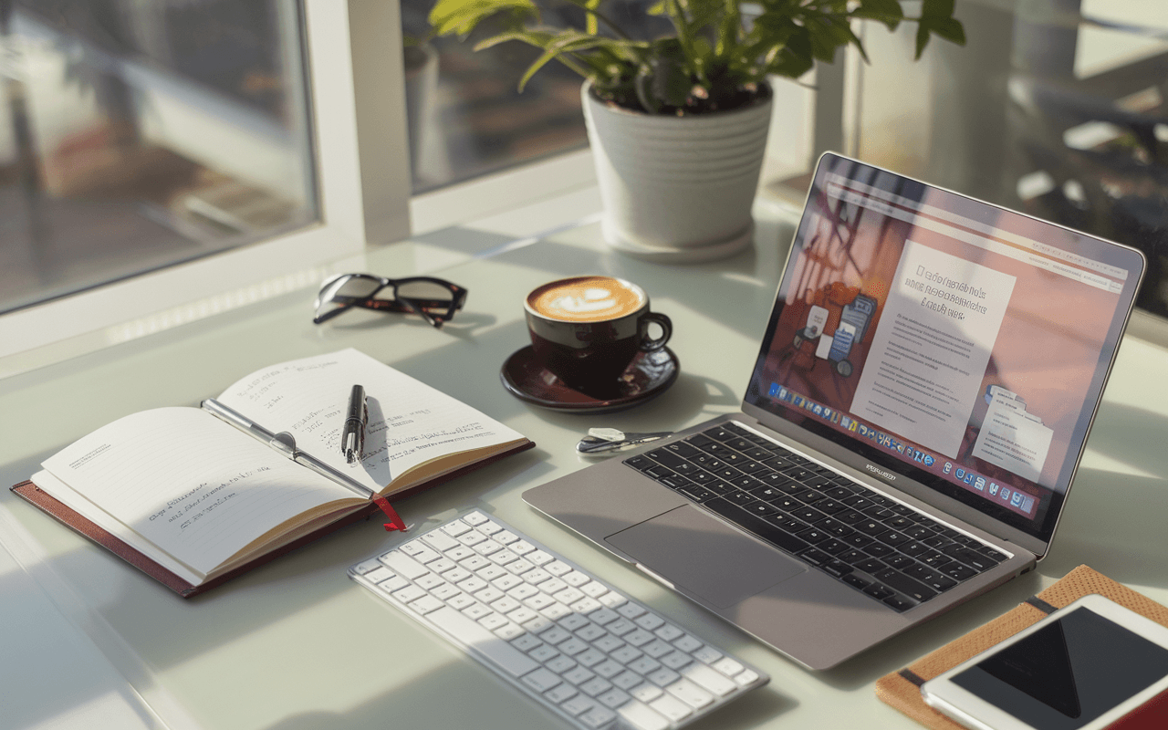 Clavier moderne et carnet pour créer un blog, avec un ordinateur portable affichant une interface de blog, évoquant professionnalisme et inspiration.