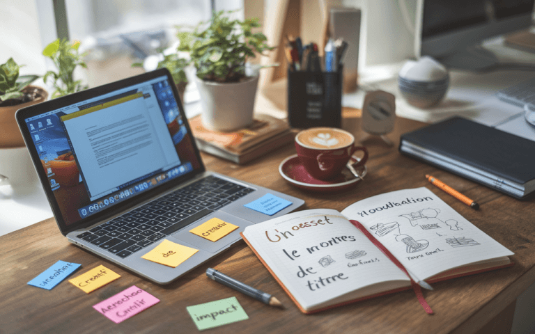 Bureau moderne et inspirant avec outils pour créer des titres accrocheurs et mémorables.
