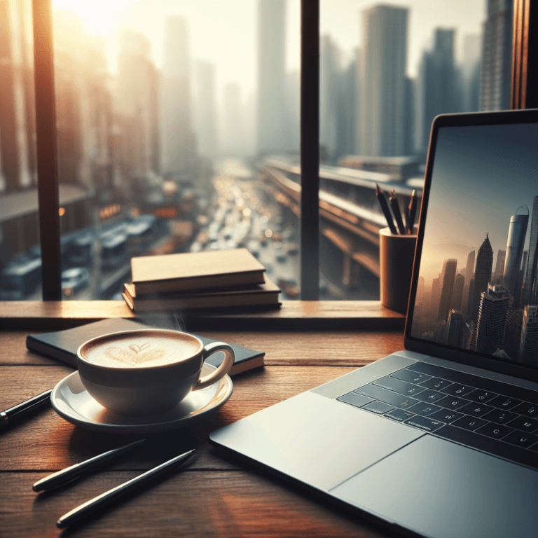 Clavier d'ordinateur portable et café dans un cadre inspirant pour créer un blog, lumière douce du matin en café chaleureux.