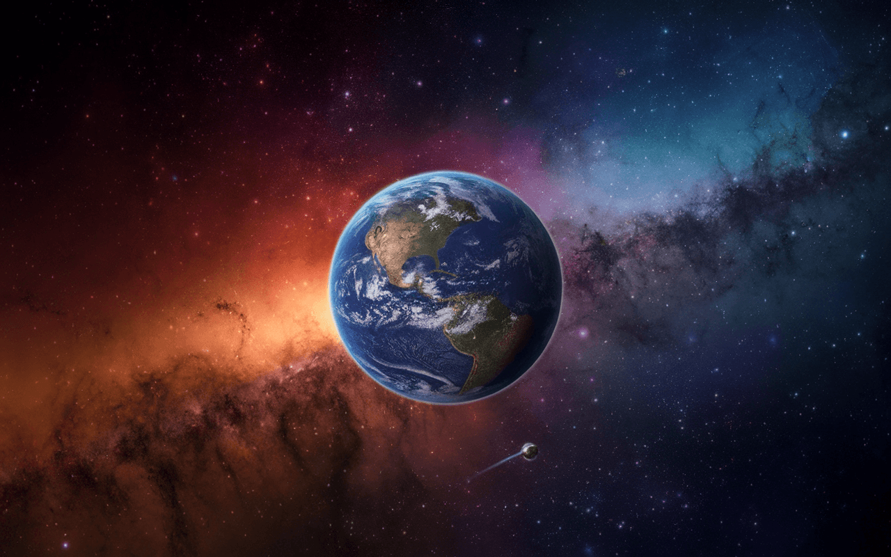 Créer un blog sur la découverte spatiale avec une image de la Terre depuis l'espace, entourée d'étoiles et de nébuleuses, évoquant l'immensité de l'univers et la quête de connaissances.