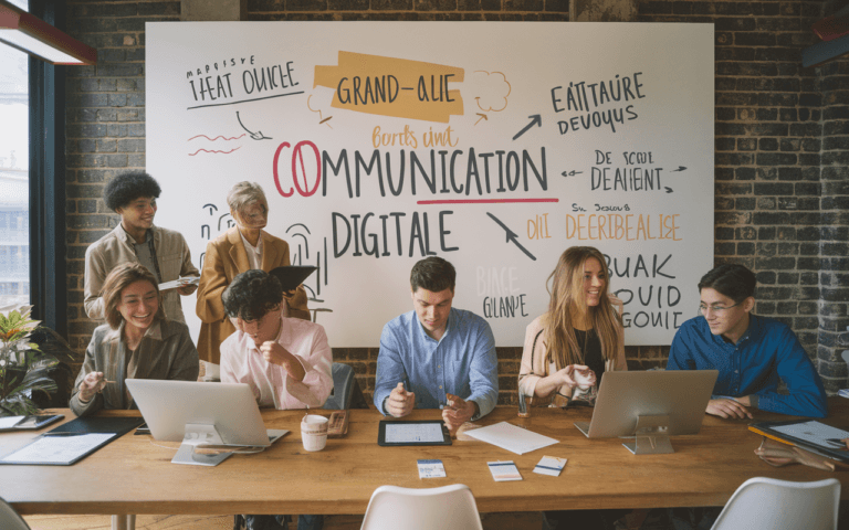 Bureau moderne avec équipe diverse de jeunes professionnels élaborant une stratégie de communication digitale entourée de graphiques et de technologies avancées, reflétant une agence de communication digitale innovante.