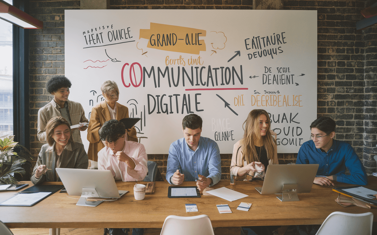 Bureau moderne avec équipe diverse de jeunes professionnels élaborant une stratégie de communication digitale entourée de graphiques et de technologies avancées, reflétant une agence de communication digitale innovante.