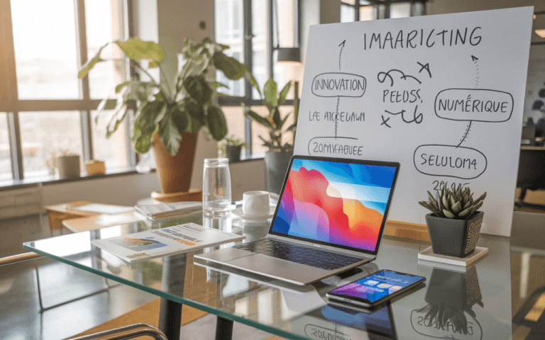 Bureau moderne d'une agence de communication digitale avec ordinateur portable affichant des graphiques, smartphone connecté et brochures marketing, éclairé par une lumière naturelle, tableau blanc avec croquis de stratégie en arrière-plan.