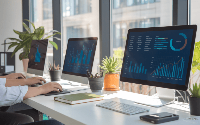 Bureau moderne avec écrans d'ordinateurs affichant des graphiques numériques, symbolisant innovation en agence de communication digitale, grande fenêtre lumineuse, objets tendance comme plante verte et smartphone, professionnalisme et modernité.