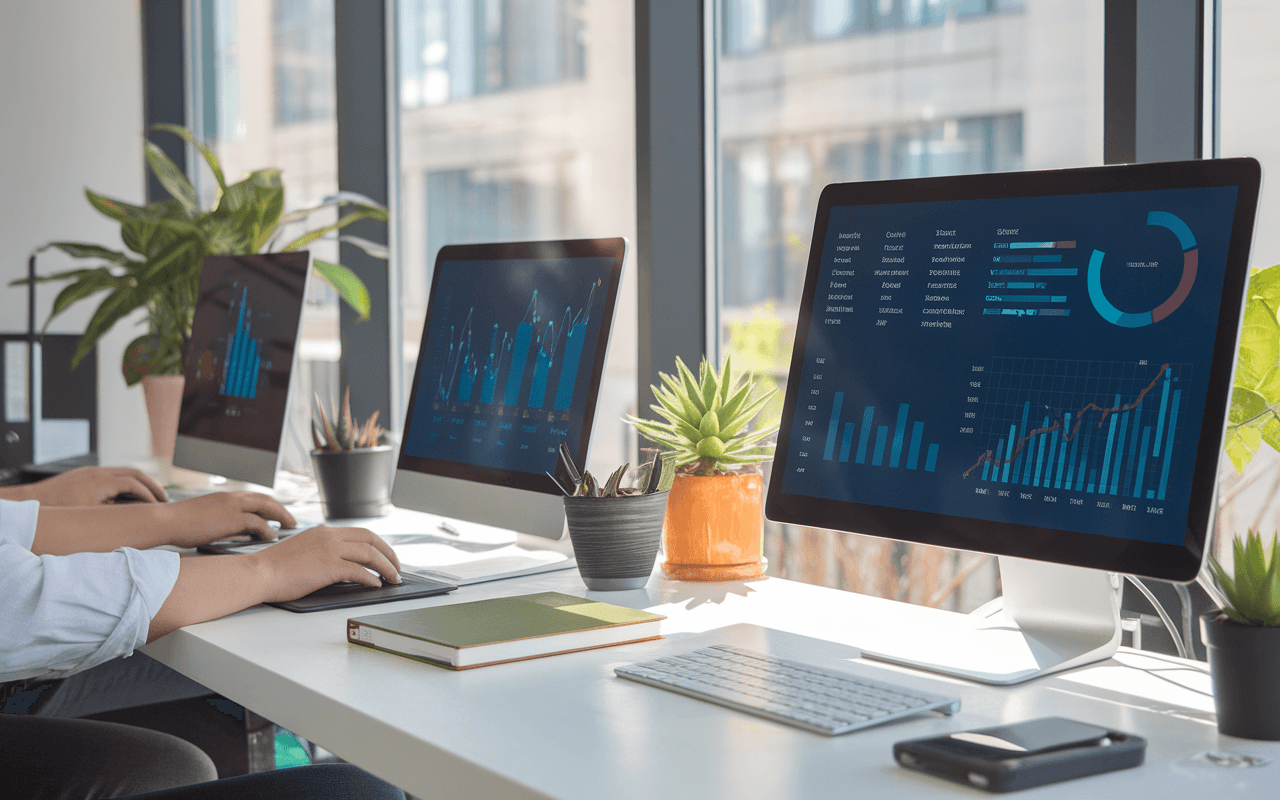 Bureau moderne avec écrans d'ordinateurs affichant des graphiques numériques, symbolisant innovation en agence de communication digitale, grande fenêtre lumineuse, objets tendance comme plante verte et smartphone, professionnalisme et modernité.
