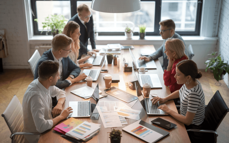 Bureau moderne avec jeunes professionnels collaborant sur ordinateurs portables, icônes de réseaux sociaux à l'écran, reflétant une agence de communication digitale innovante.